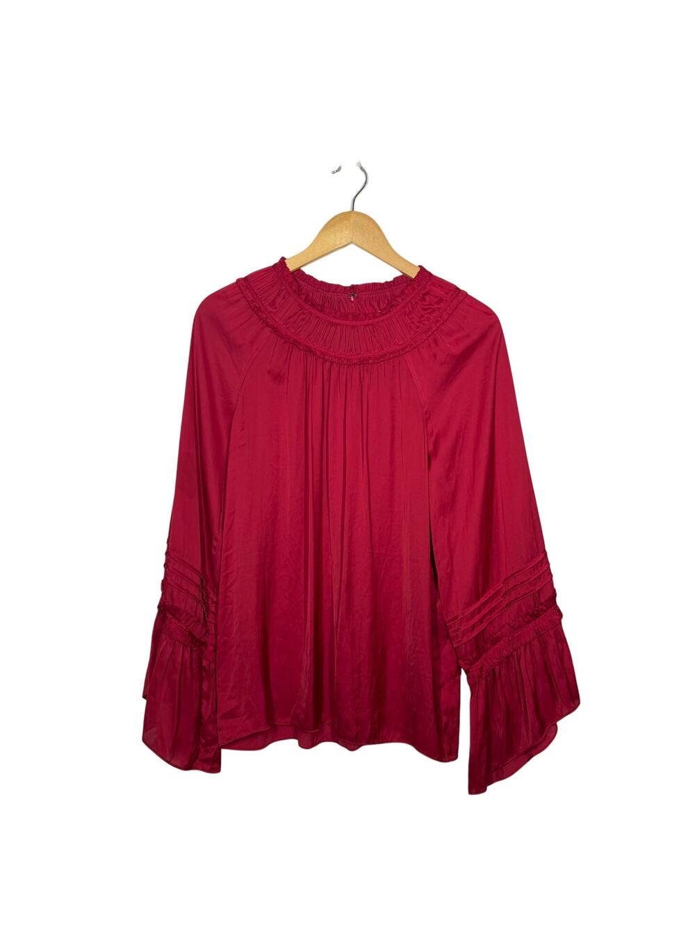 Ramy Brooke Peasant Top Womens Size Medium Red Satin Ruffle Bell Sleeve Boho